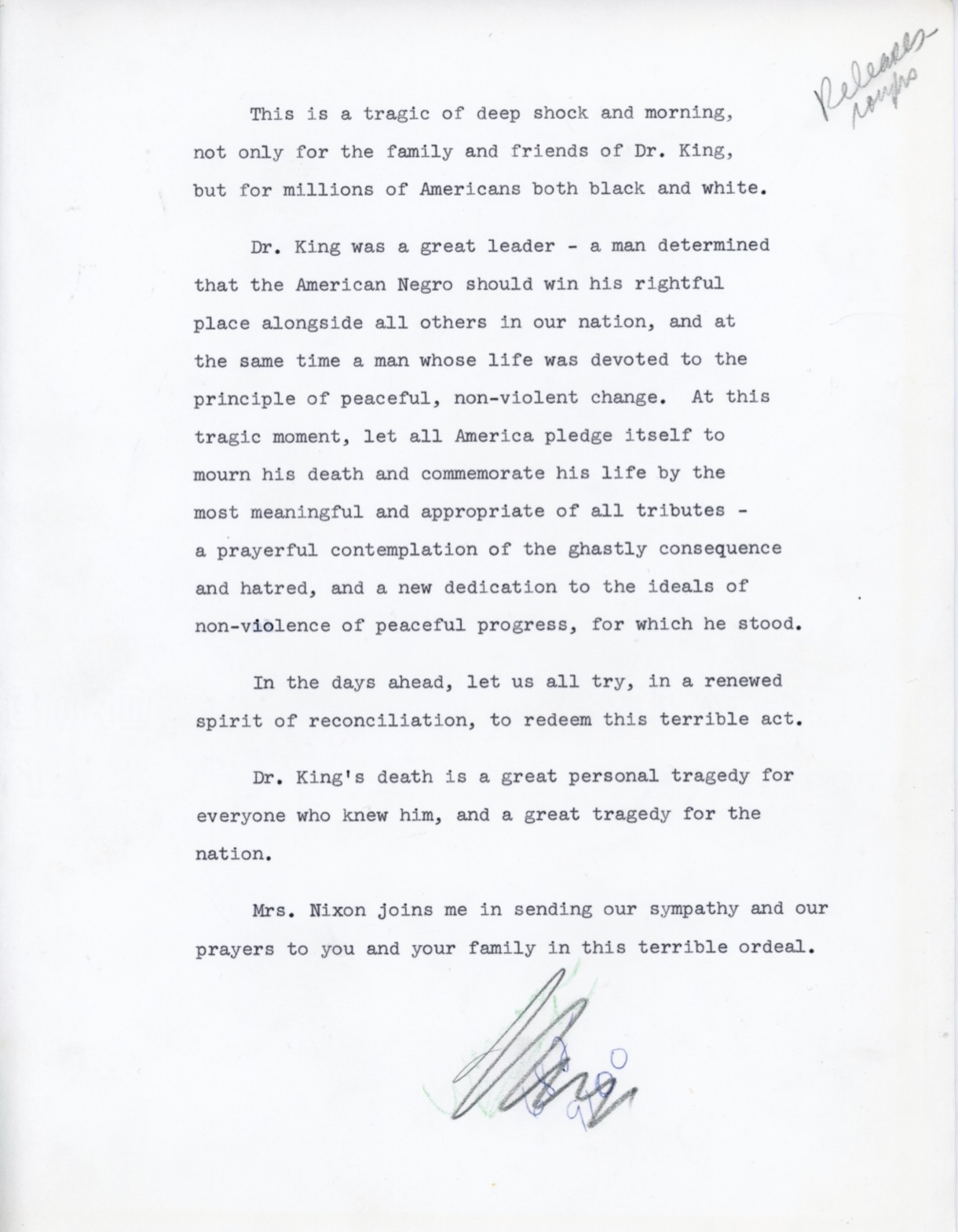 MLK death press release draft
